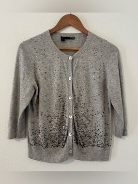 Eileen Fisher Cotton Cashmere Gray Sequined Cardigan Sweater 3/4 Sleeve Sm *SPOT